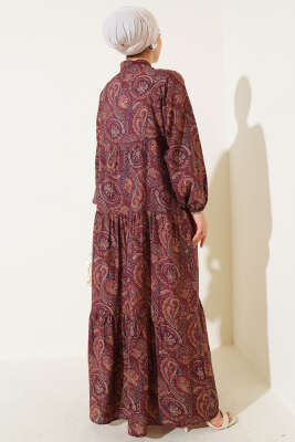 Etnik Paisley Desen Düğmeli Elbise Bordo - Tesettür Elbise