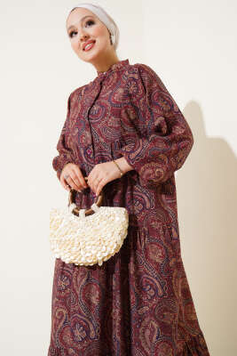Etnik Paisley Desen Düğmeli Elbise Bordo - Tesettür Elbise