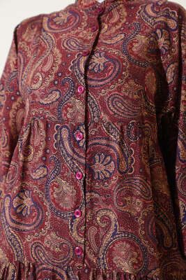 Etnik Paisley Desen Düğmeli Elbise Bordo - Tesettür Elbise