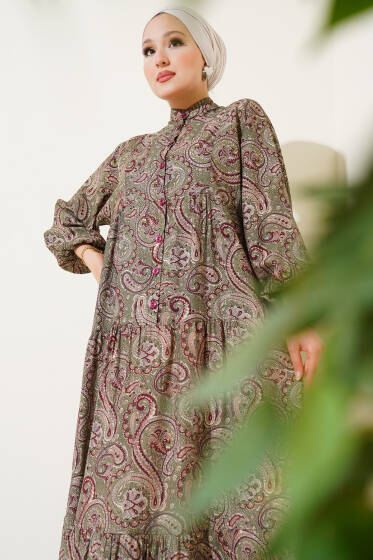 Etnik Paisley Desen Düğmeli Elbise Çağla Yeşili - Elbise