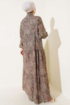 Etnik Paisley Desen Düğmeli Elbise Çağla Yeşili - Tesettür Elbise