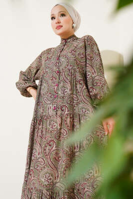 Etnik Paisley Desen Düğmeli Elbise Çağla Yeşili 