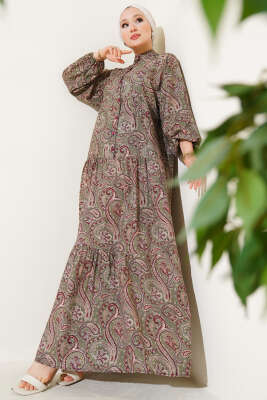 Etnik Paisley Desen Düğmeli Elbise Çağla Yeşili - Tesettür Elbise