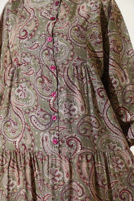 Etnik Paisley Desen Düğmeli Elbise Çağla Yeşili - Tesettür Elbise