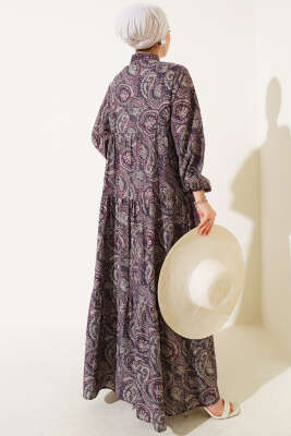 Etnik Paisley Desen Düğmeli Elbise Mor - Tesettür Elbise