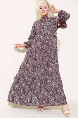 Etnik Paisley Desen Düğmeli Elbise Mor 