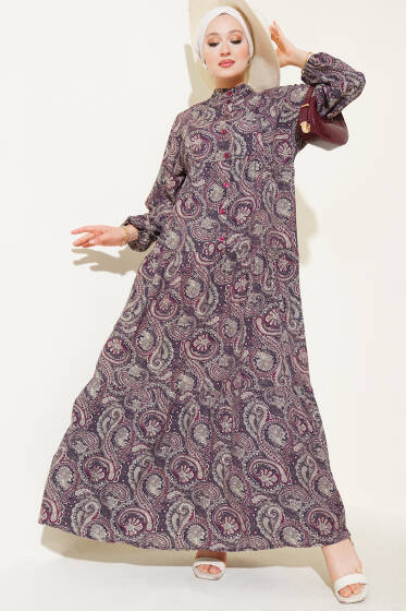 Etnik Paisley Desen Düğmeli Elbise Mor - Tesettür Elbise