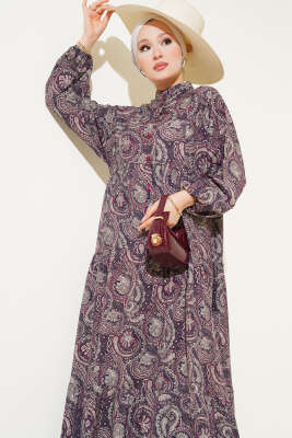 Etnik Paisley Desen Düğmeli Elbise Mor - Tesettür Elbise