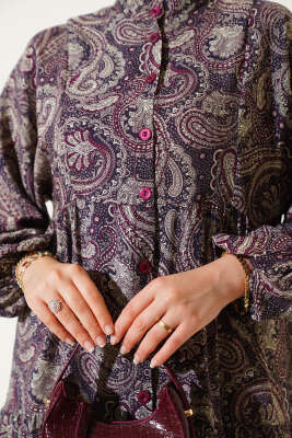 Etnik Paisley Desen Düğmeli Elbise Mor - Tesettür Elbise