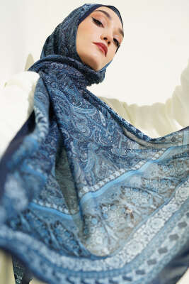 Etnik Paisley Desen Şal Açık Lacivert 