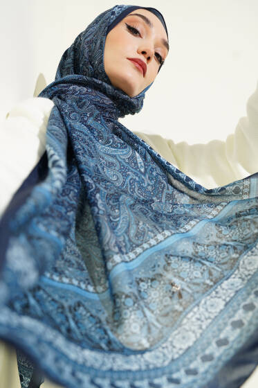 Etnik Paisley Desen Şal Açık Lacivert - Başörtüsü