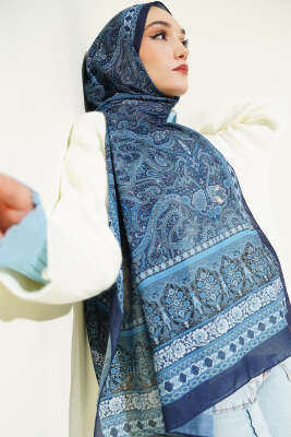 Etnik Paisley Desen Şal Açık Lacivert - Başörtüsü