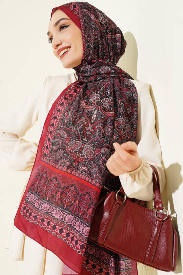 Etnik Paisley Desen Şal Bordo - Başörtüsü