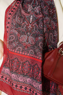 Etnik Paisley Desen Şal Bordo - Başörtüsü