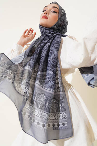 Etnik Paisley Desen Şal Gri - Başörtüsü