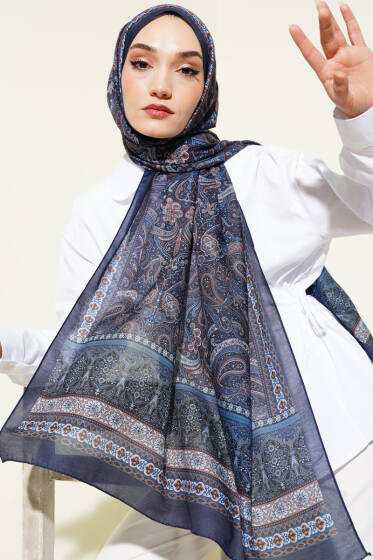 Etnik Paisley Desen Şal Lacivert - Başörtüsü