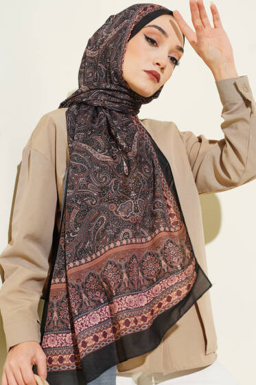 Etnik Paisley Desen Şal Siyah - Başörtüsü