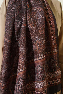 Etnik Paisley Desen Şal Siyah Kahve - Başörtüsü