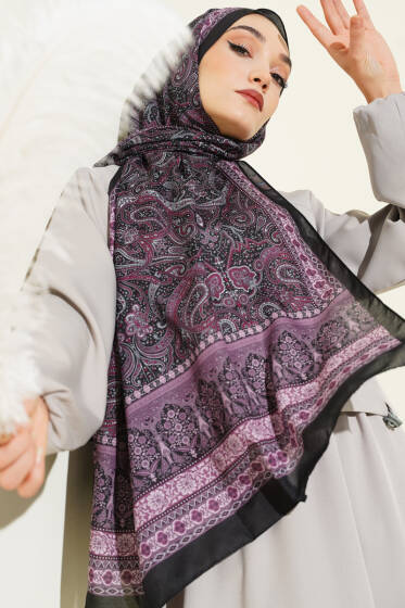 Etnik Paisley Desen Şal Siyah Lila - Başörtüsü