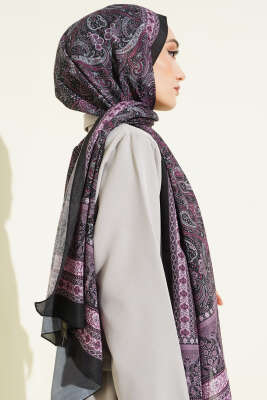 Etnik Paisley Desen Şal Siyah Lila - Başörtüsü