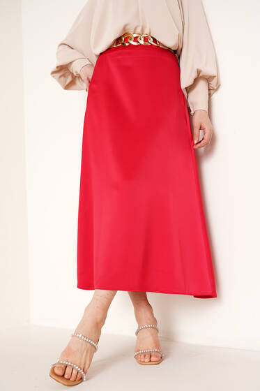 Evaze Saten Bordo Etek - Uzun Etek