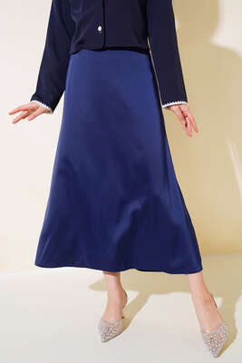 Evaze Saten Etek Lacivert - Uzun Etek