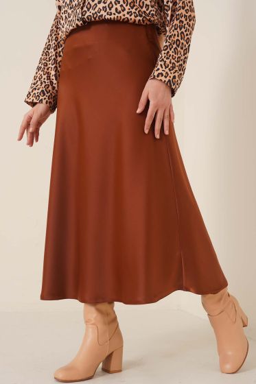 Evaze Saten Kestane Etek - Uzun Etek