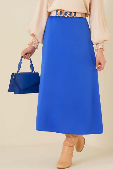 Evaze Saten Saks Etek - Uzun Etek