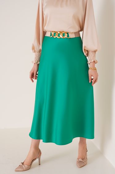 Evaze Saten Yeşil Etek - Uzun Etek