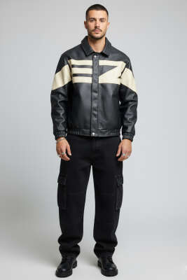 Ez Desenli Erkek Deri Mont Siyah - Erkek Mont