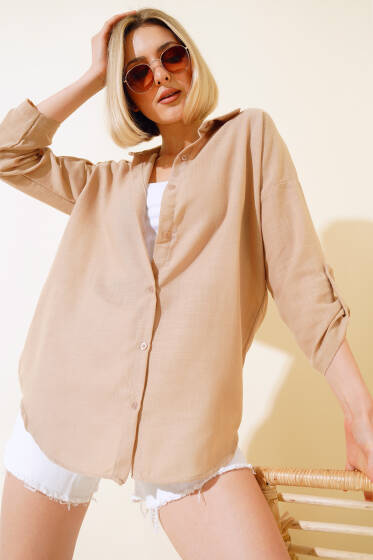 Fakir Kol Keten Gömlek Bej - Yeni Giyim