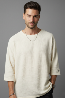  Fakir Kol Müslin Erkek Oversize T-shirt Bej - GİESTO