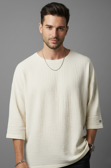  Fakir Kol Müslin Erkek Oversize T-shirt Bej - Erkek T-shirt