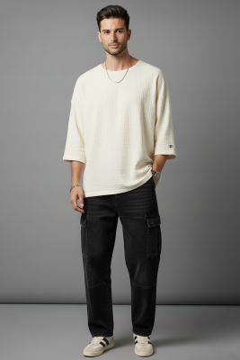  Fakir Kol Müslin Erkek Oversize T-shirt Bej - Erkek T-shirt