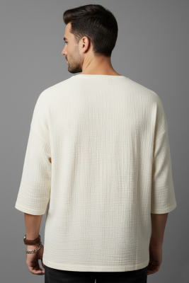  Fakir Kol Müslin Erkek Oversize T-shirt Bej - Erkek T-shirt