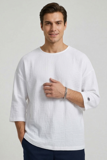  Fakir Kol Müslin Erkek Oversize T-shirt Beyaz - Erkek Beyaz Tişört