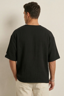  Fakir Kol Müslin Erkek Oversize T-shirt Siyah - Babalar Günü