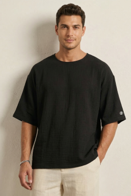  Fakir Kol Müslin Erkek Oversize T-shirt Siyah - GİESTO