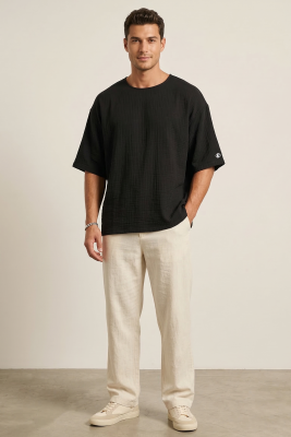  Fakir Kol Müslin Erkek Oversize T-shirt Siyah - Erkek T-shirt