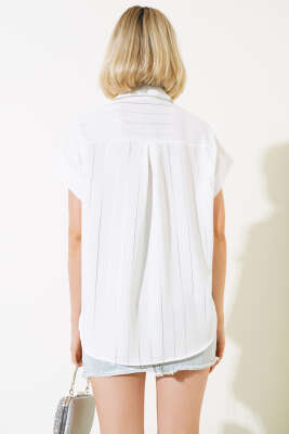 Fakir Kol Sim Çizgili Gömlek Ekru - Kadın Giyim Modelleri