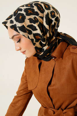 Fantazi Leopar Eşarp Siyah Camel - Desenli Eşarp