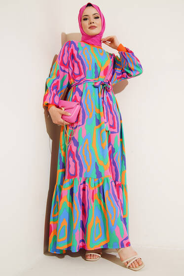 Farklı Desenli Elbise Gökkuşağı Çizgili - Tesettür Elbise