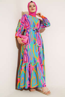Farklı Desenli Elbise Gökkuşağı Çizgili - Thumbnail