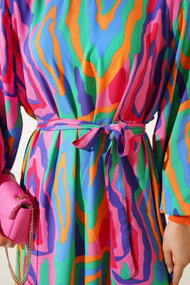 Farklı Desenli Elbise Gökkuşağı Çizgili - Thumbnail