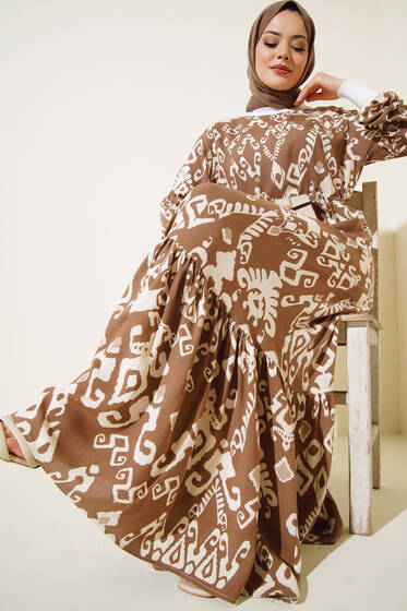 Farklı Desenli Elbise Latte - Tesettür Elbise
