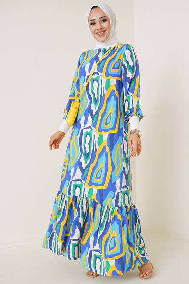 Farklı Desenli Elbise Mavi - Tesettür Elbise
