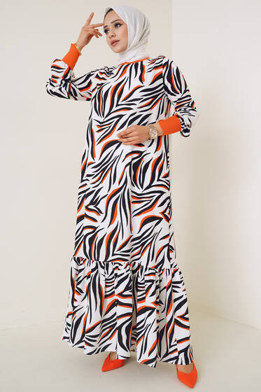 Farklı Desenli Elbise Oranj Ekru - Tesettür Elbise