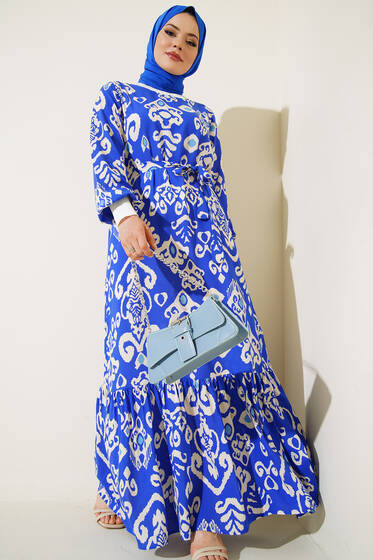 Farklı Desenli Elbise Saks - Tesettür Elbise