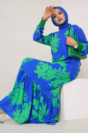 Farklı Desenli Elbise Saks Yeşil - Tesettür Elbise