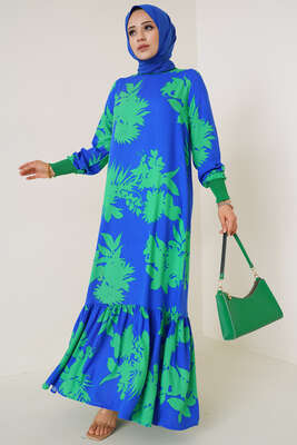 Farklı Desenli Elbise Saks Yeşil - Thumbnail